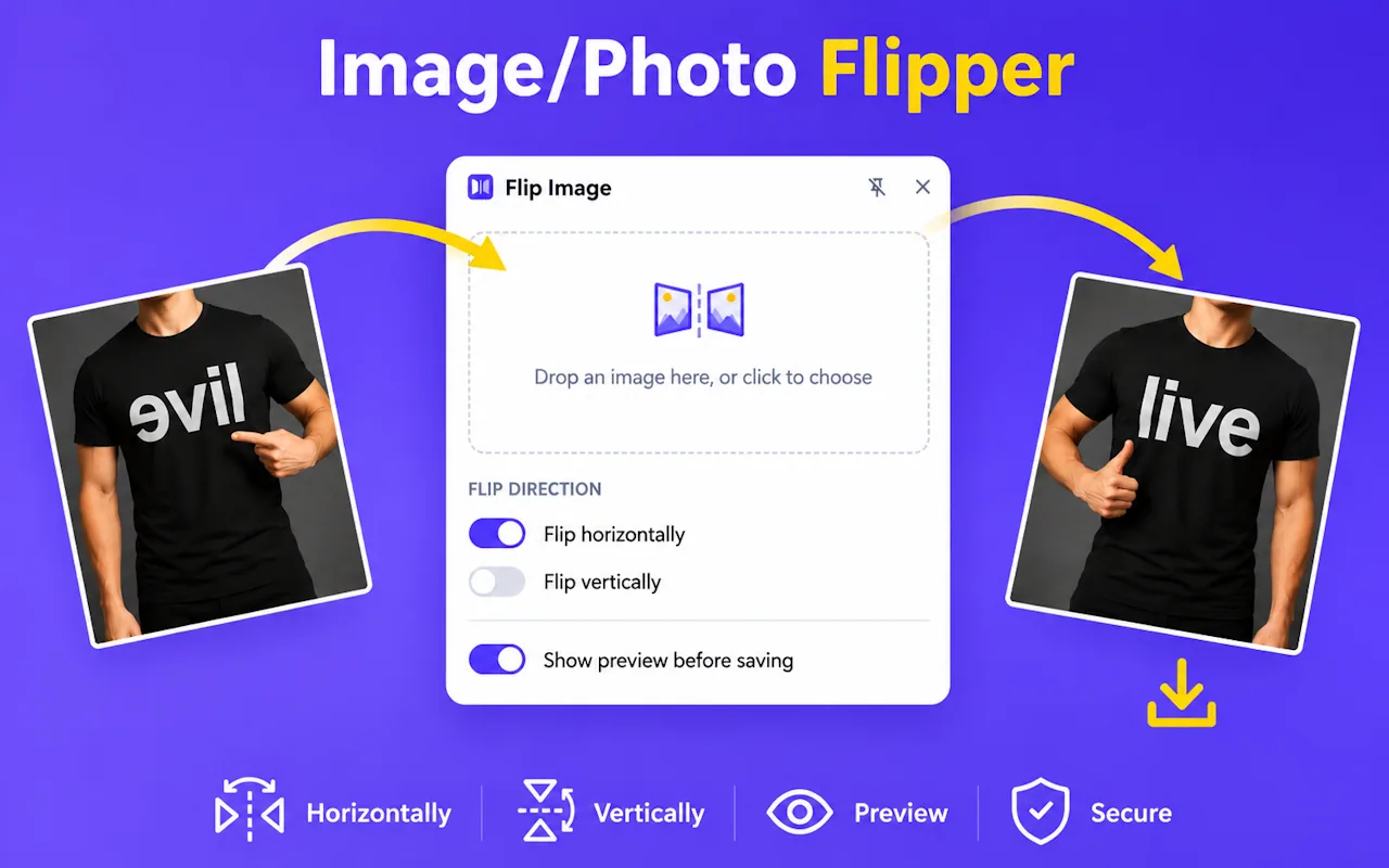 Way one: click the toolbar icon to open the side panel, then drop an image file onto the drop zone. Choose Flip horizontally or vertically, preview the mirrored result, and save it to disk.