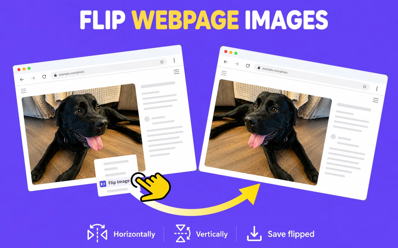 Way two: right-click any image on a page and choose Flip Image, then Horizontally or Vertically to mirror it in place. Pick Save flipped to download the image in its flipped state.
